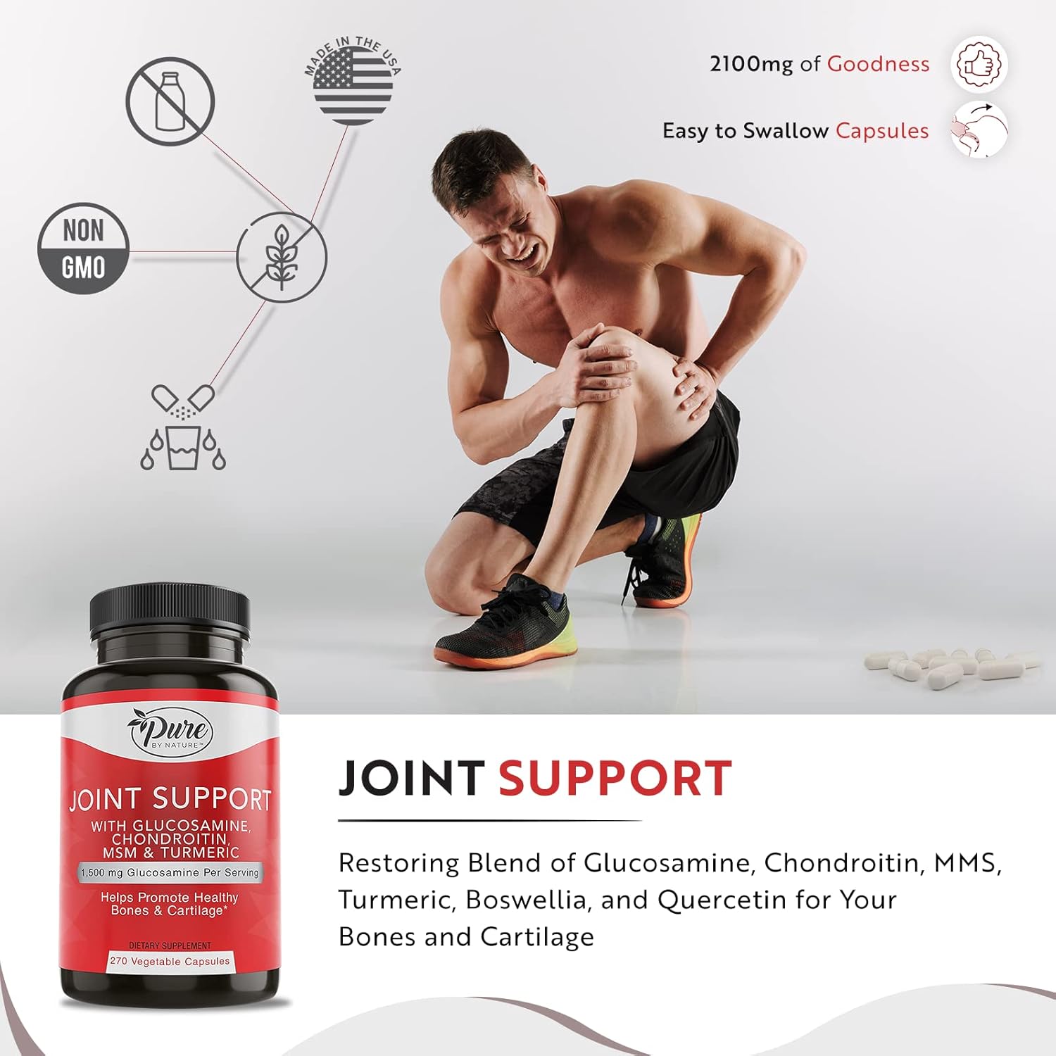 270 Capsules Pure By Nature Joint Support with Glucosamine, Chondroitin, Turmeric, MSM, and Boswellia Supplement