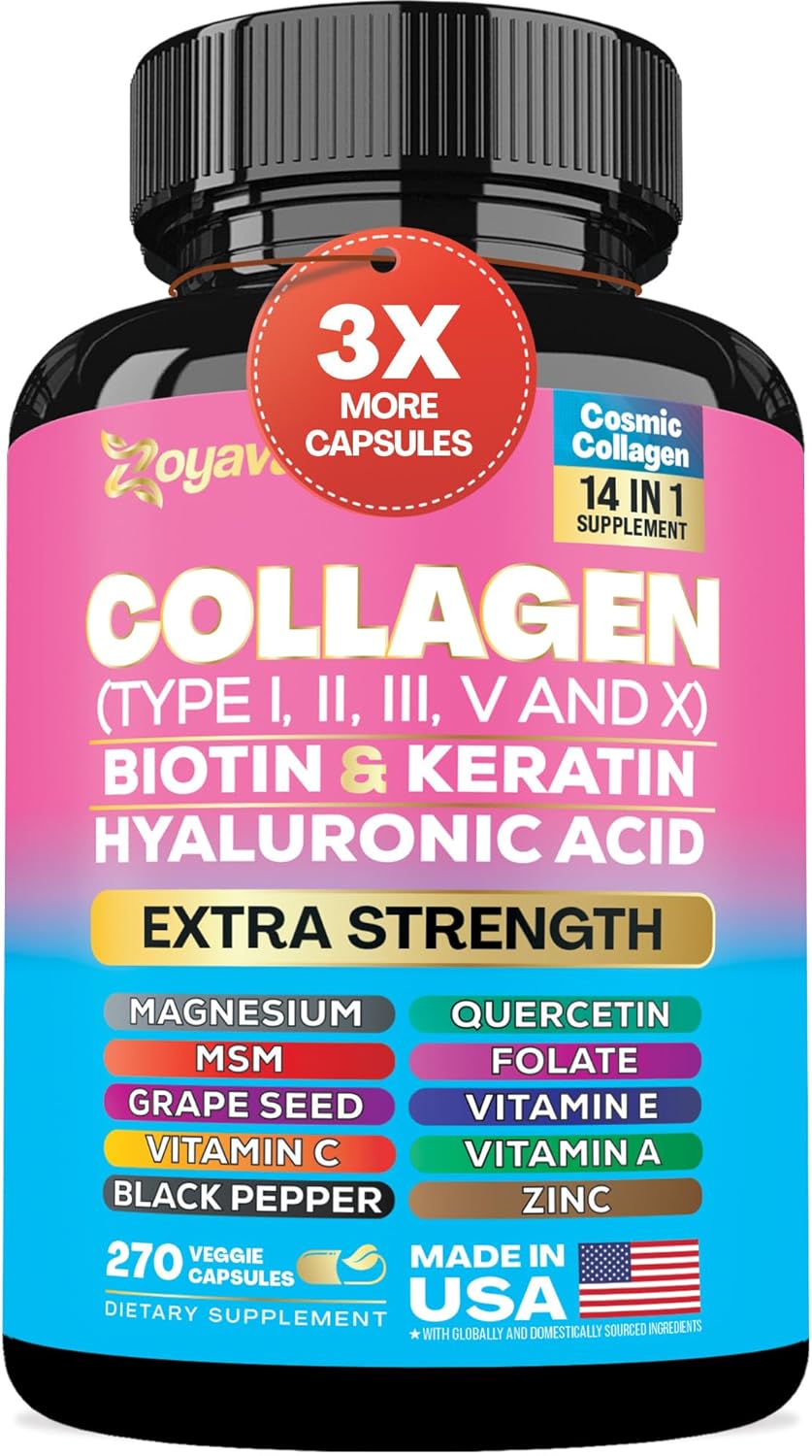 270 Capsules Zoyava Collagen Peptides with Biotin, Hyaluronic Acid, and Vitamins - Multi-Type Collagen Supplement with Essential Nutrients