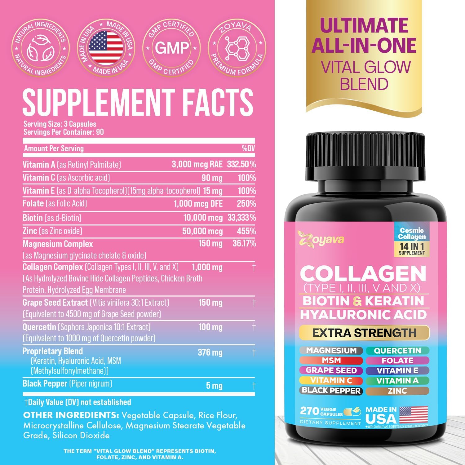 270 Capsules Zoyava Collagen Peptides with Biotin, Hyaluronic Acid, and Vitamins - Multi-Type Collagen Supplement with Essential Nutrients