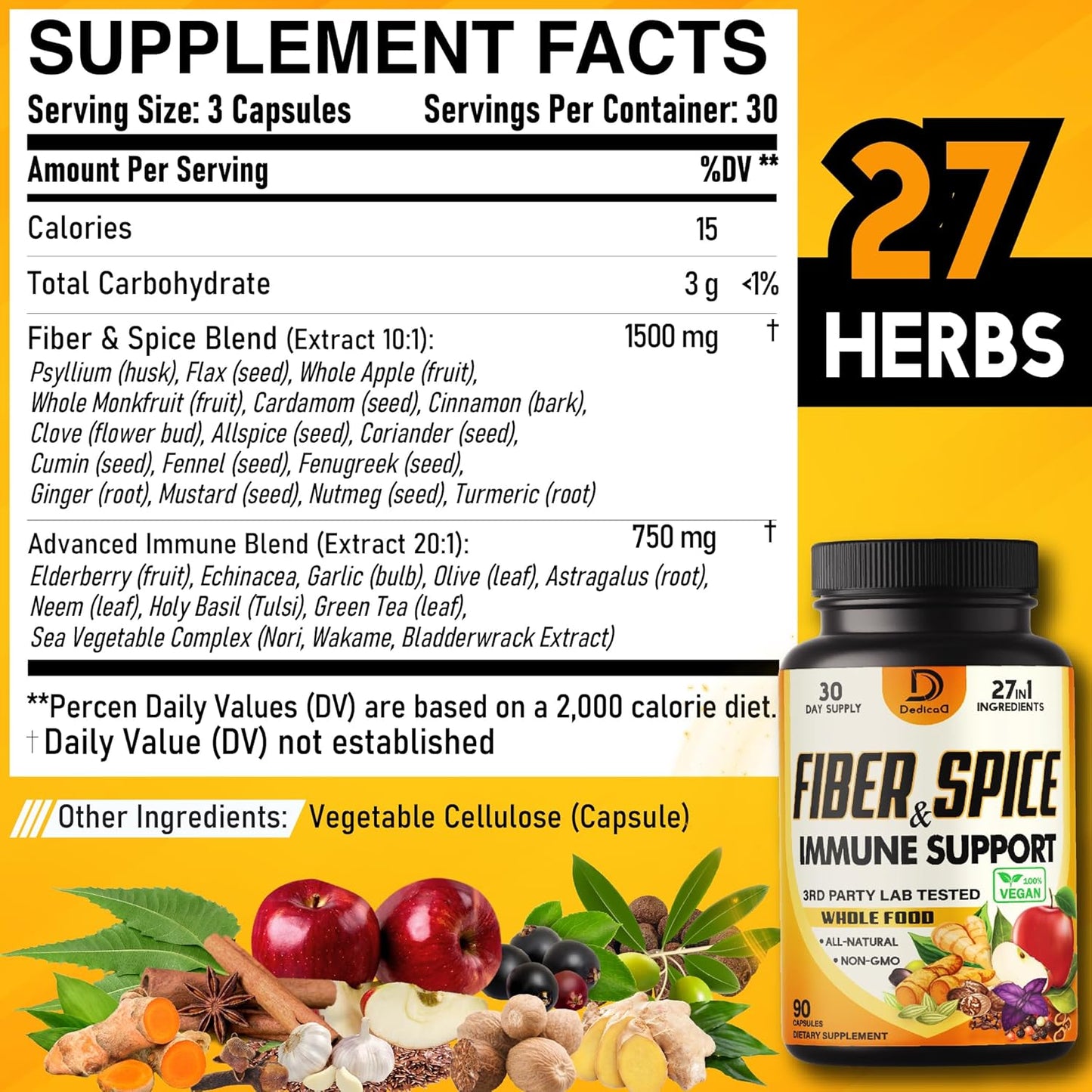 27in1 Fiber and Spice Supplement with Organic Psyllium, Whole Apple, Elderberry - Mood, Body, Immunity - 90 Capsules