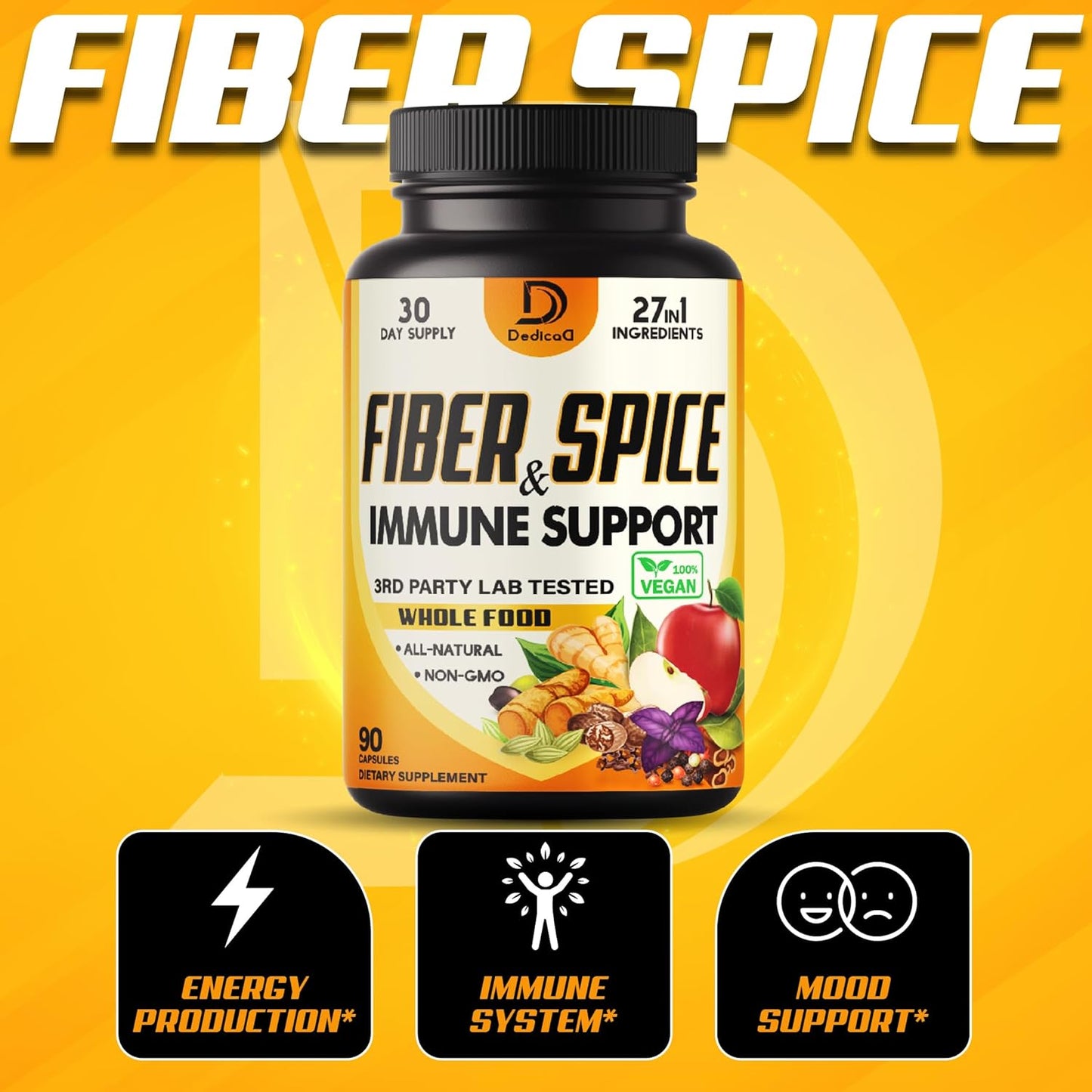 27in1 Fiber and Spice Supplement with Organic Psyllium, Whole Apple, Elderberry - Mood, Body, Immunity - 90 Capsules