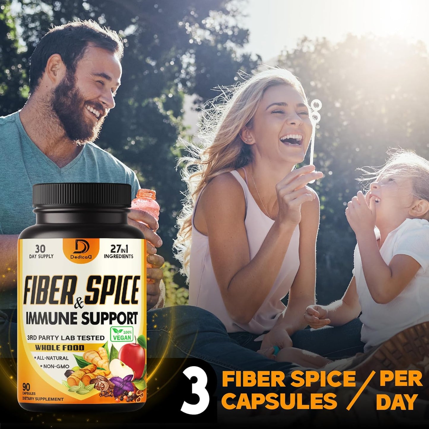 27in1 Fiber and Spice Supplement with Organic Psyllium, Whole Apple, Elderberry - Mood, Body, Immunity - 90 Capsules