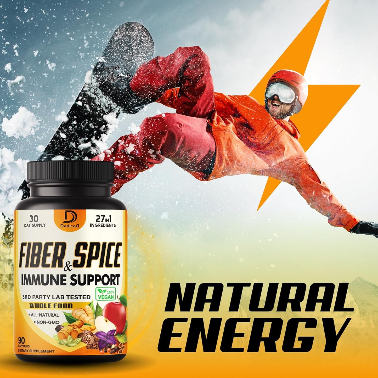 27in1 Fiber and Spice Supplement with Organic Psyllium, Whole Apple, Elderberry - Mood, Body, Immunity - 90 Capsules