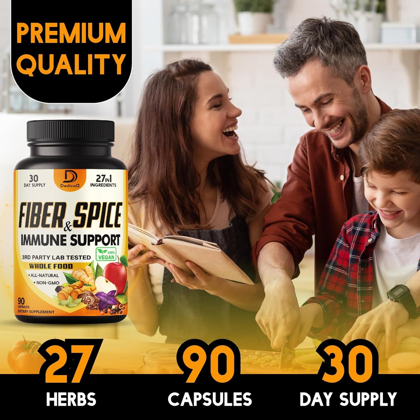 27in1 Fiber and Spice Supplement with Organic Psyllium, Whole Apple, Elderberry - Mood, Body, Immunity - 90 Capsules