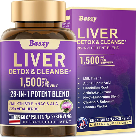 28-in-1 Liver Cleanse Detox & Repair Supplement - 1500mg Liver Health Support with Milk Thistle, Dandelion Root, Artichoke Extract, and More - USA-Made Liver Support - 60 Capsules