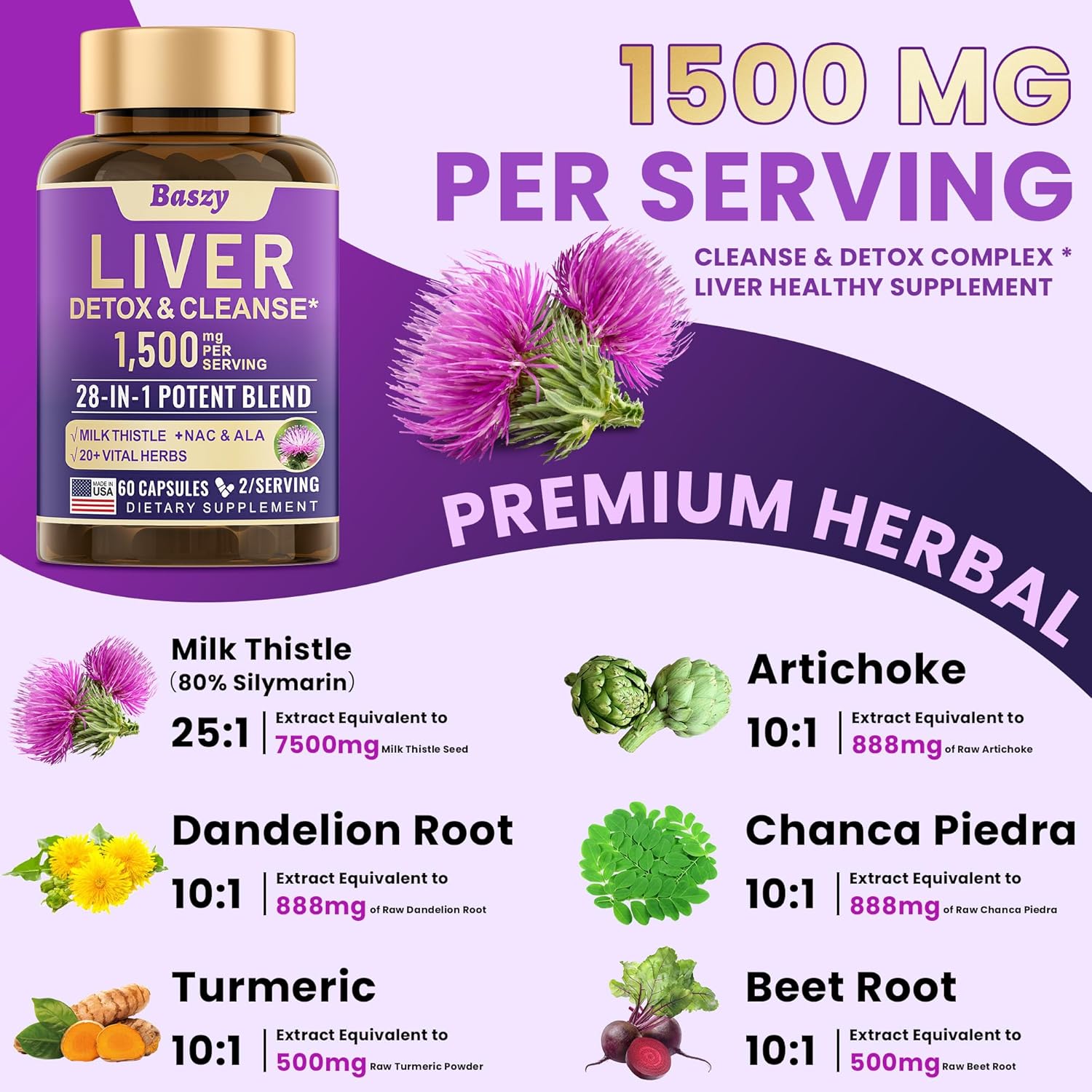 28-in-1 Liver Cleanse Detox & Repair Supplement - 1500mg Liver Health Support with Milk Thistle, Dandelion Root, Artichoke Extract, and More - USA-Made Liver Support - 60 Capsules