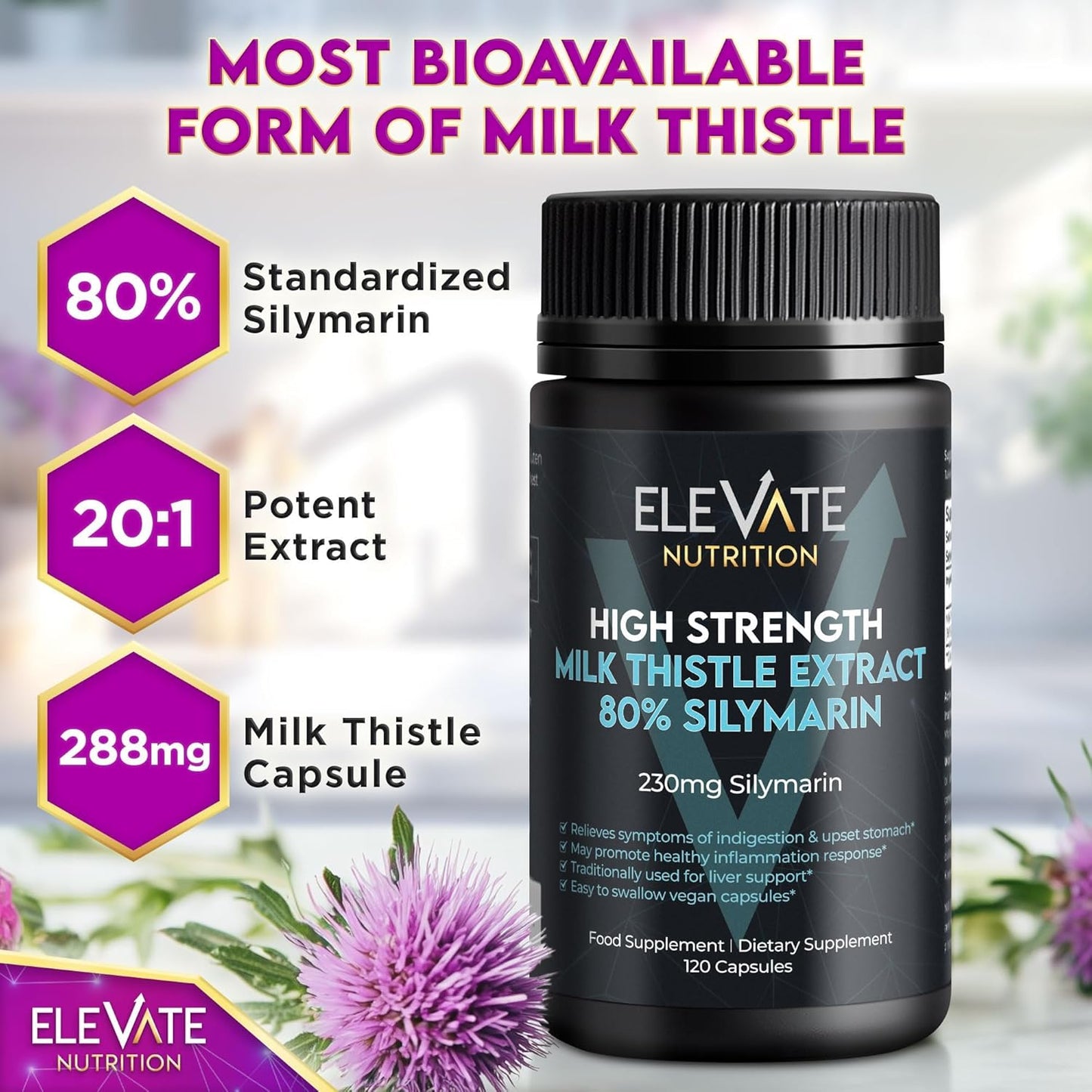 288mg Milk Thistle Capsules - 80% Silymarin Extract - Liver & Digestive Support - 120 Vegan Capsules
