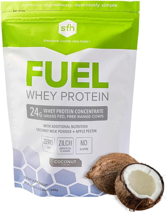 2lb Bag of SFH Fuel Whey Protein Powder - Grass Fed, Great Tasting, Energy-Boosting with MCTs & Fiber - All Natural, Soy & Gluten Free, No RBST, No Artificial Flavors - Coconut Flavor