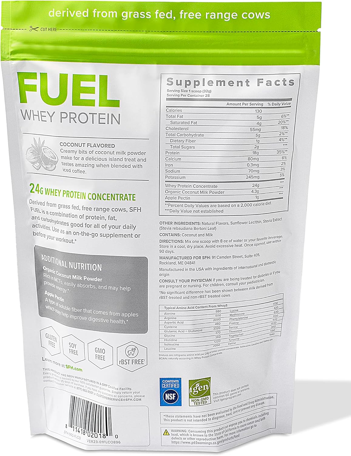 2lb Bag of SFH Fuel Whey Protein Powder - Grass Fed, Great Tasting, Energy-Boosting with MCTs & Fiber - All Natural, Soy & Gluten Free, No RBST, No Artificial Flavors - Coconut Flavor