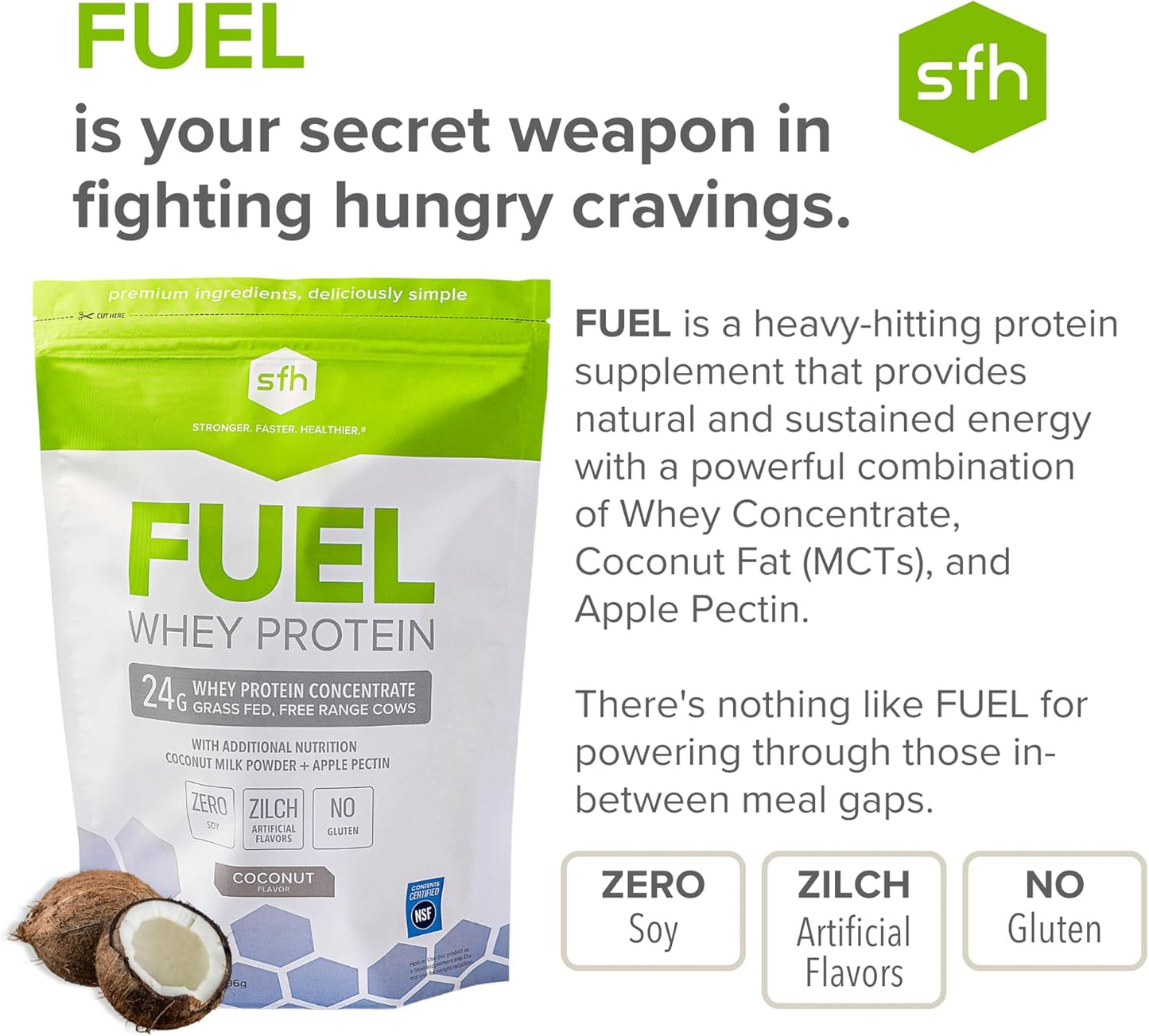 2lb Bag of SFH Fuel Whey Protein Powder - Grass Fed, Great Tasting, Energy-Boosting with MCTs & Fiber - All Natural, Soy & Gluten Free, No RBST, No Artificial Flavors - Coconut Flavor