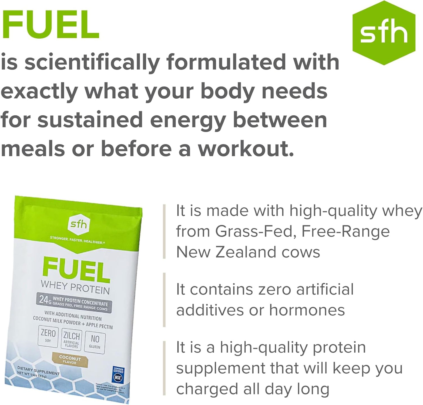 2lb Bag of SFH Fuel Whey Protein Powder - Grass Fed, Great Tasting, Energy-Boosting with MCTs & Fiber - All Natural, Soy & Gluten Free, No RBST, No Artificial Flavors - Coconut Flavor