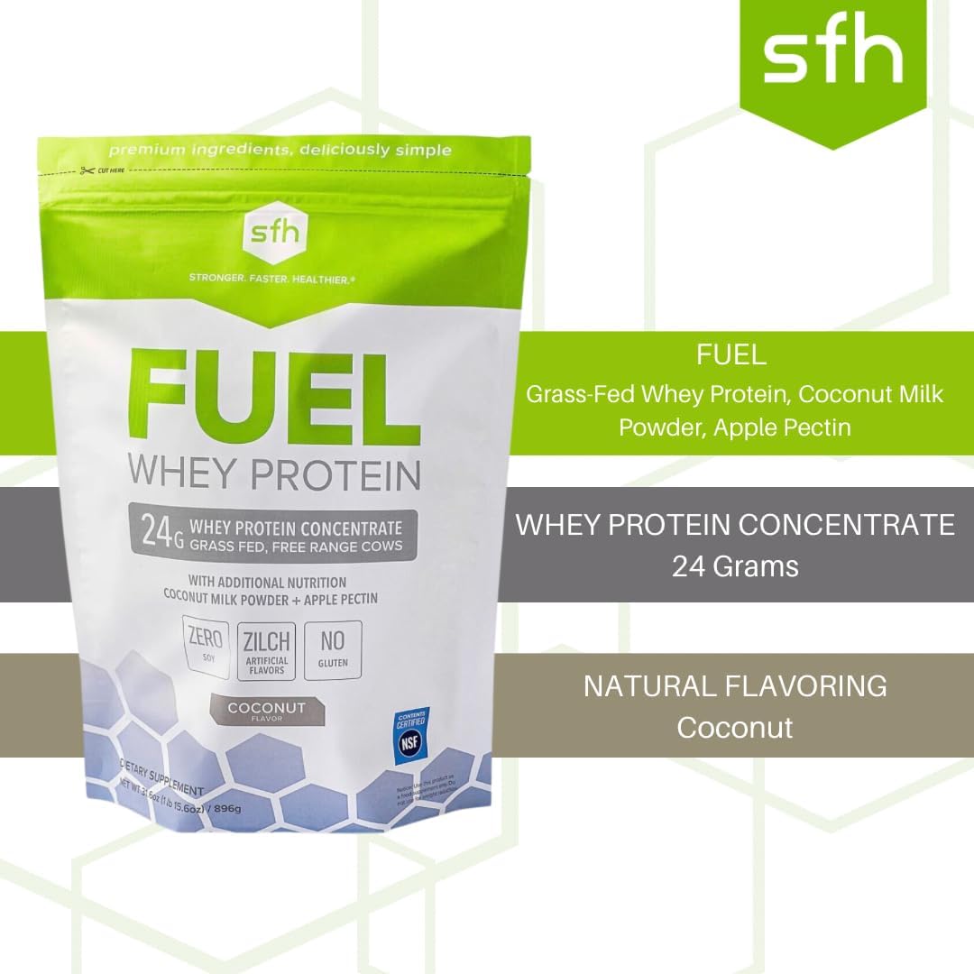 2lb Bag of SFH Fuel Whey Protein Powder - Grass Fed, Great Tasting, Energy-Boosting with MCTs & Fiber - All Natural, Soy & Gluten Free, No RBST, No Artificial Flavors - Coconut Flavor