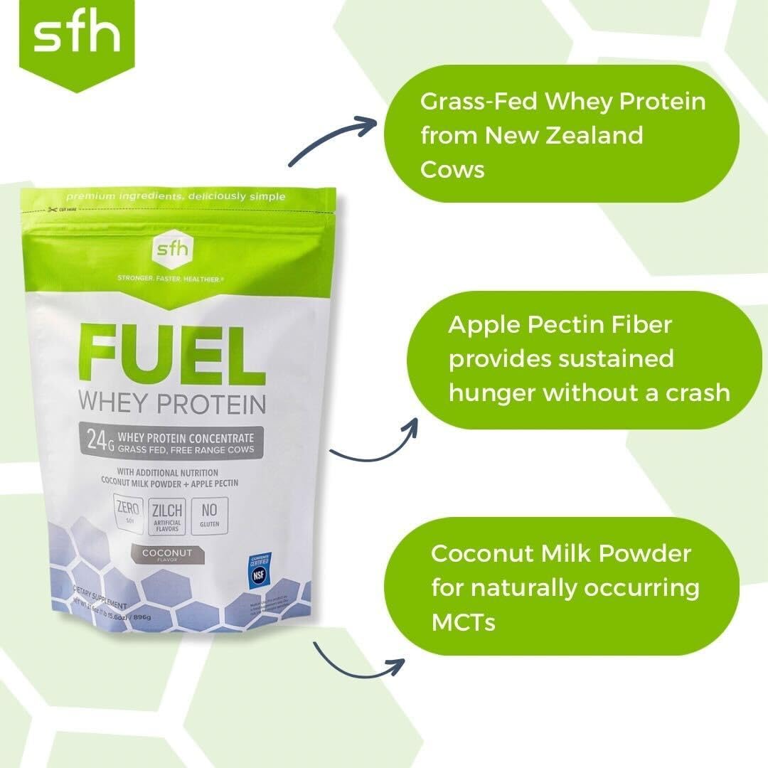 2lb Bag of SFH Fuel Whey Protein Powder - Grass Fed, Great Tasting, Energy-Boosting with MCTs & Fiber - All Natural, Soy & Gluten Free, No RBST, No Artificial Flavors - Coconut Flavor
