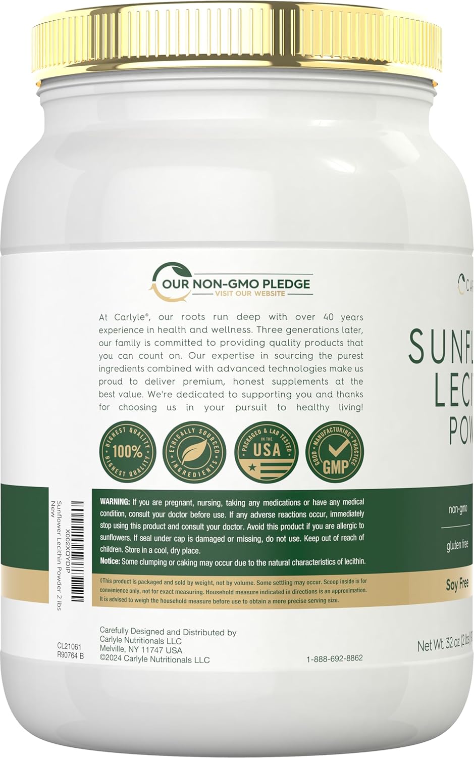 2lb Carlyle Sunflower Lecithin Powder - Unflavored, Rich in Phosphatidylcholine - Vegetarian, Soy Free, Non-GMO, Gluten Free