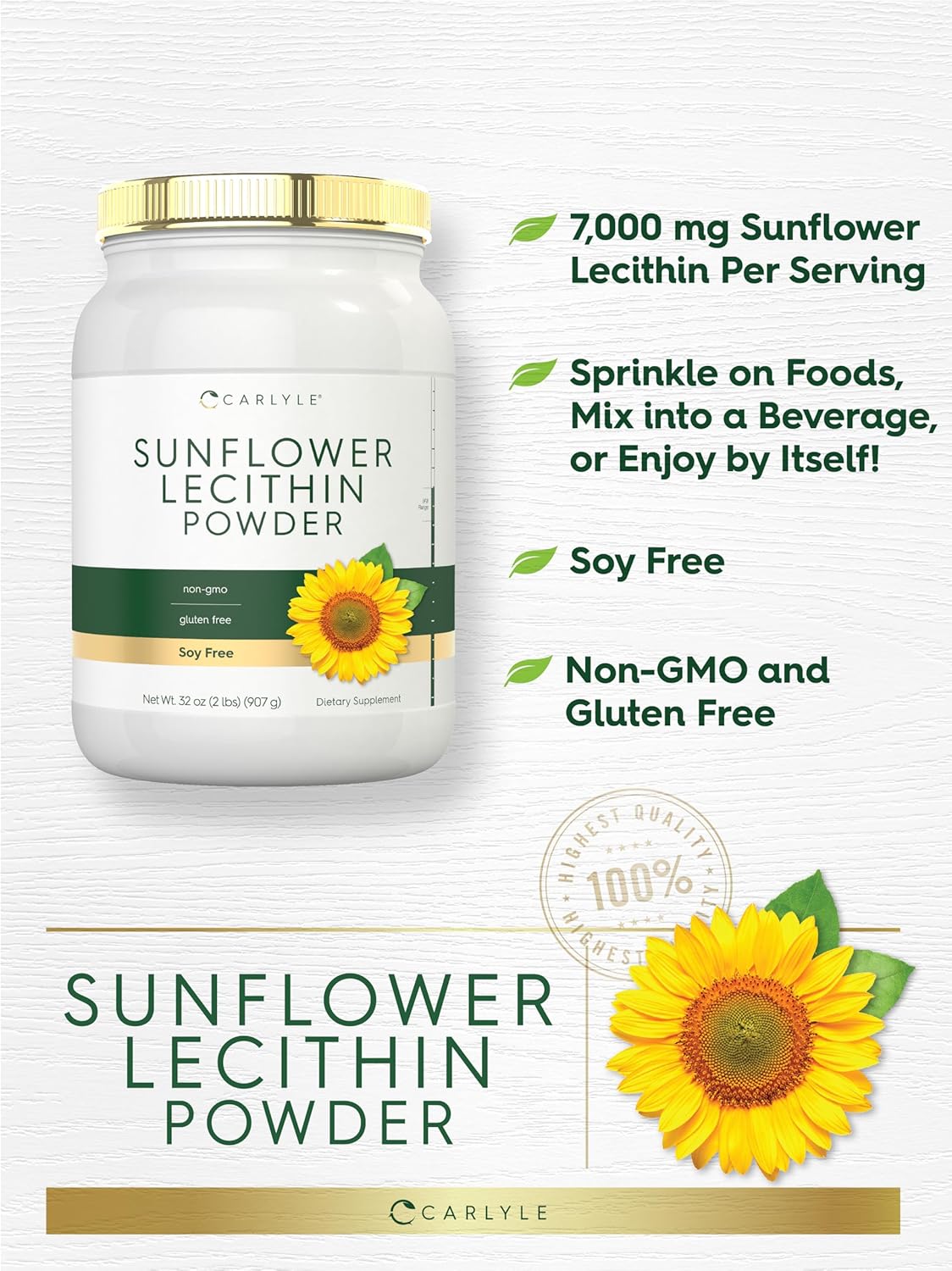 2lb Carlyle Sunflower Lecithin Powder - Unflavored, Rich in Phosphatidylcholine - Vegetarian, Soy Free, Non-GMO, Gluten Free