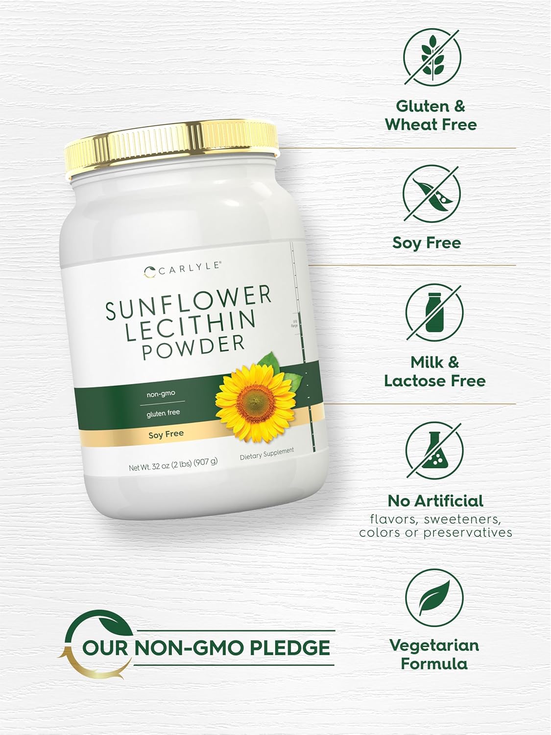 2lb Carlyle Sunflower Lecithin Powder - Unflavored, Rich in Phosphatidylcholine - Vegetarian, Soy Free, Non-GMO, Gluten Free