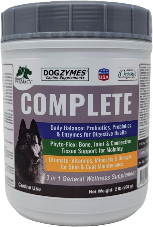 2lb Dogzymes Complete Supplement for Skin, Coat, and Joint Health with Probiotics, Prebiotics, Glucosamine, Chondroitin, MSM, and Hyaluronic Acid