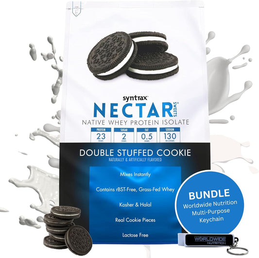 2lb Double Stuffed Cookie Flavor Nectar Sweets Whey Isolate Protein Powder Bundle with Free Worldwide Nutrition Keychain - Gluten and Lactose-Free