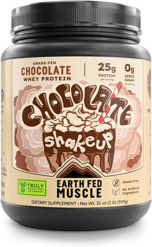 2lb Earth Fed Muscle Chocolate Grass-Fed Whey Protein Powder - 25g Protein, Soy-Free, Non-GMO, Hormone-Free, Clean Ingredients for Smooth Blends & Recovery