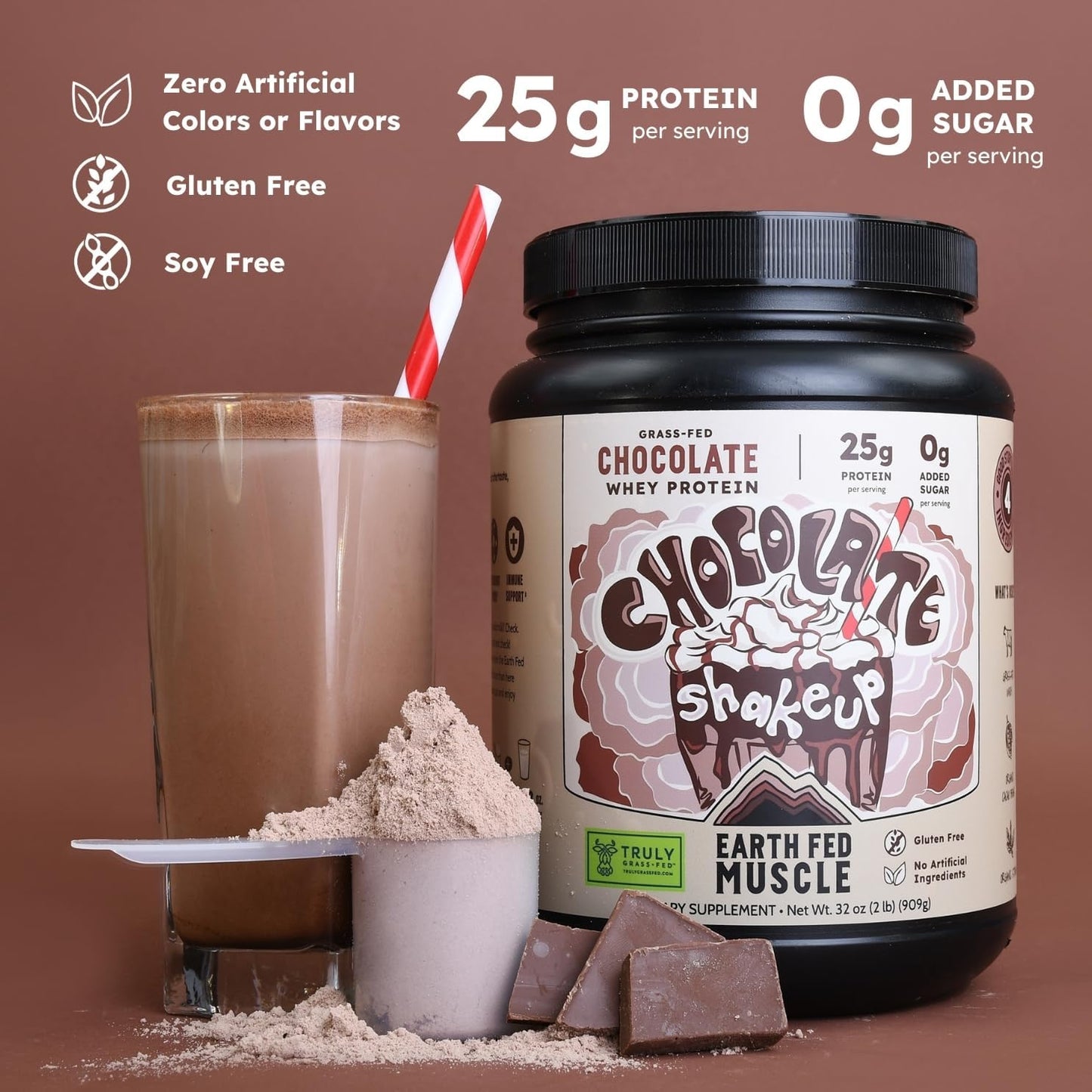 2lb Earth Fed Muscle Chocolate Grass-Fed Whey Protein Powder - 25g Protein, Soy-Free, Non-GMO, Hormone-Free, Clean Ingredients for Smooth Blends & Recovery