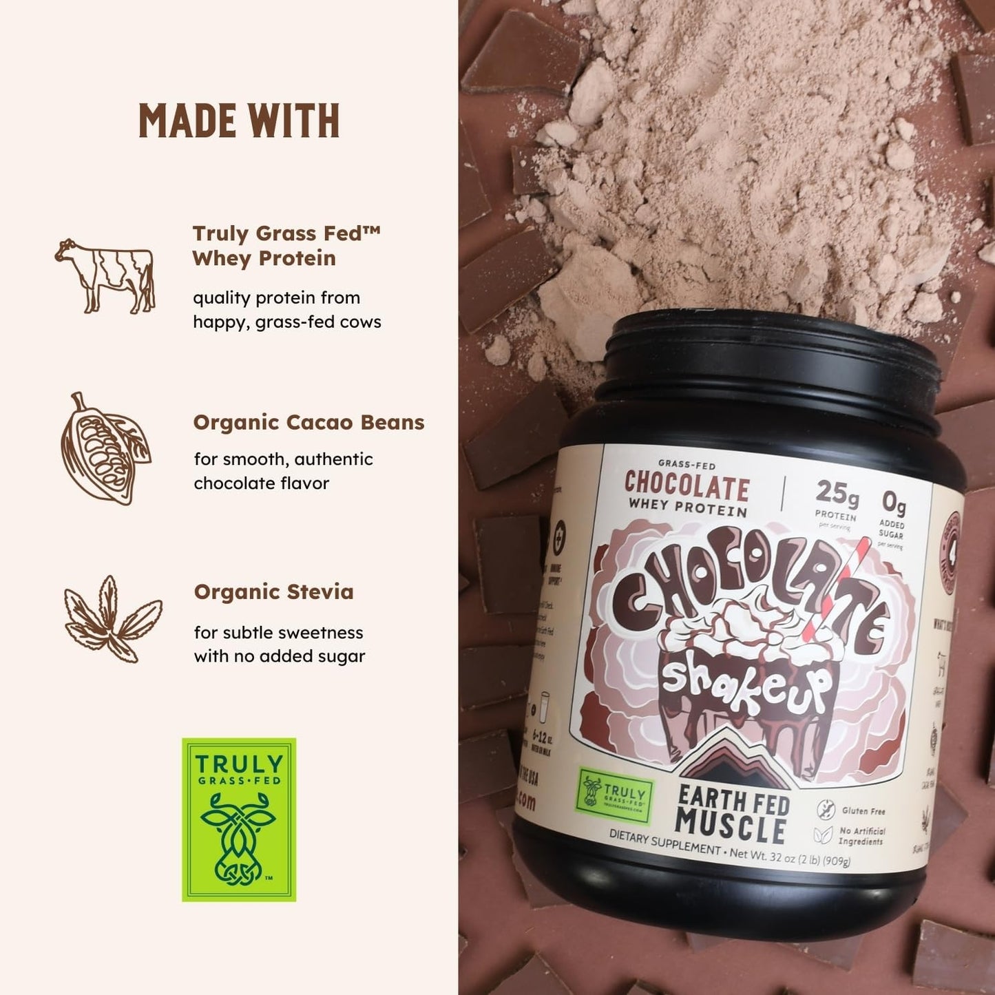 2lb Earth Fed Muscle Chocolate Grass-Fed Whey Protein Powder - 25g Protein, Soy-Free, Non-GMO, Hormone-Free, Clean Ingredients for Smooth Blends & Recovery