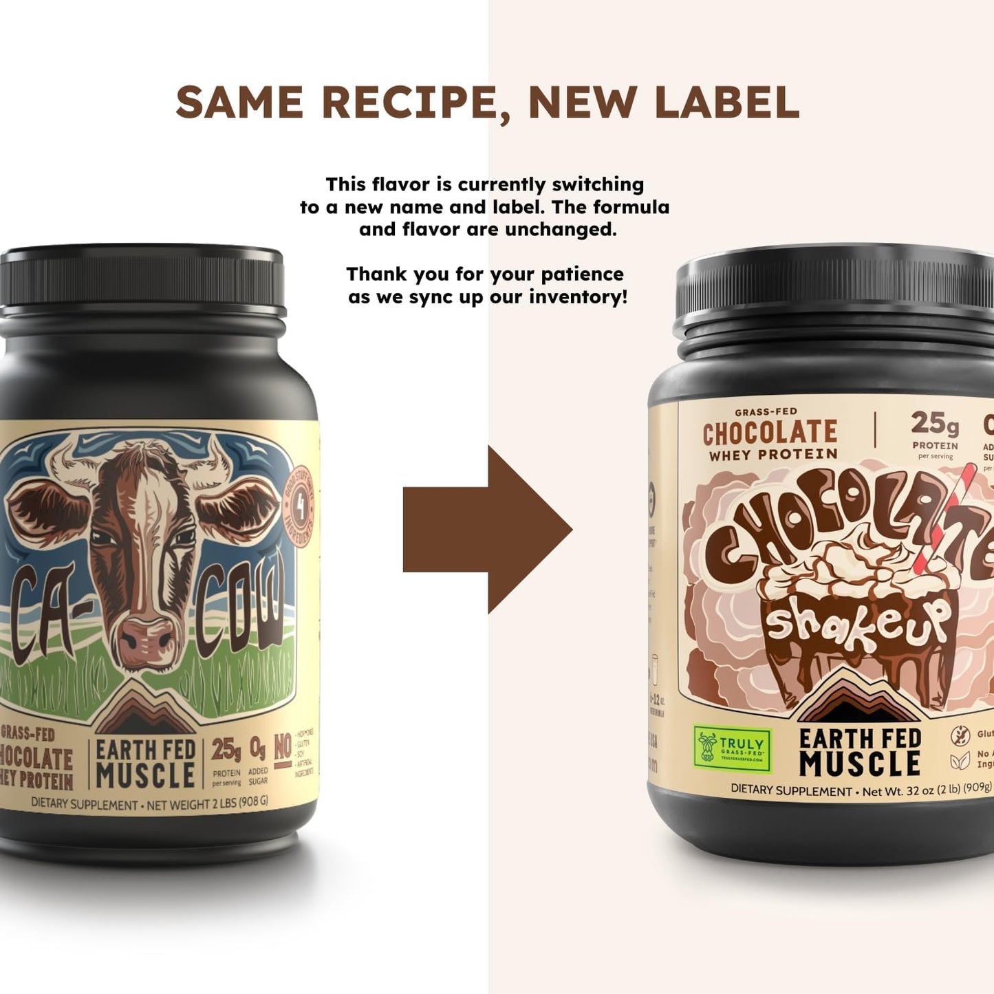 2lb Earth Fed Muscle Chocolate Grass-Fed Whey Protein Powder - 25g Protein, Soy-Free, Non-GMO, Hormone-Free, Clean Ingredients for Smooth Blends & Recovery