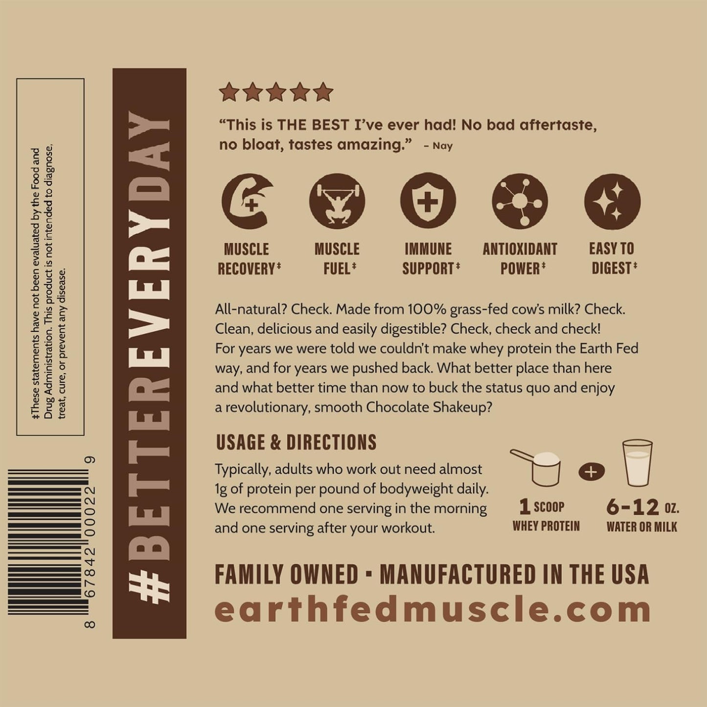 2lb Earth Fed Muscle Chocolate Grass-Fed Whey Protein Powder - 25g Protein, Soy-Free, Non-GMO, Hormone-Free, Clean Ingredients for Smooth Blends & Recovery