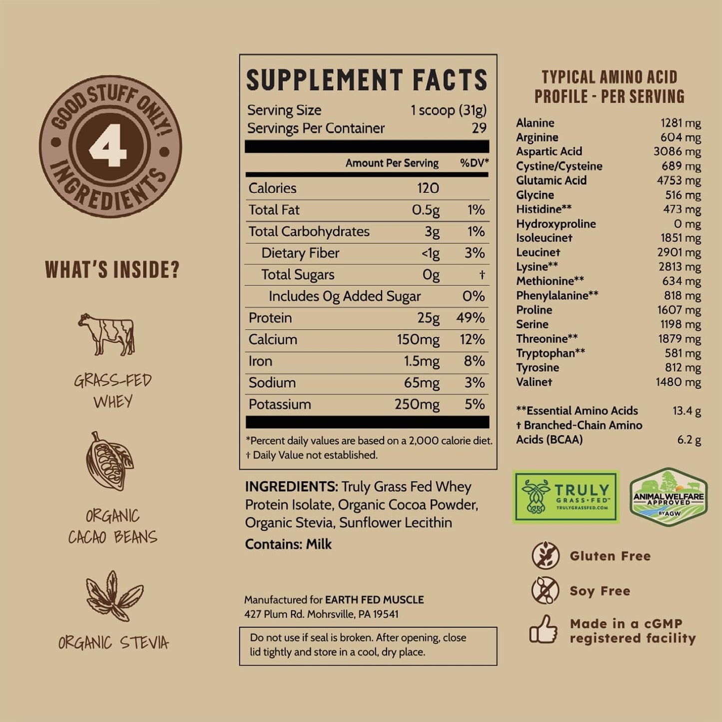 2lb Earth Fed Muscle Chocolate Grass-Fed Whey Protein Powder - 25g Protein, Soy-Free, Non-GMO, Hormone-Free, Clean Ingredients for Smooth Blends & Recovery