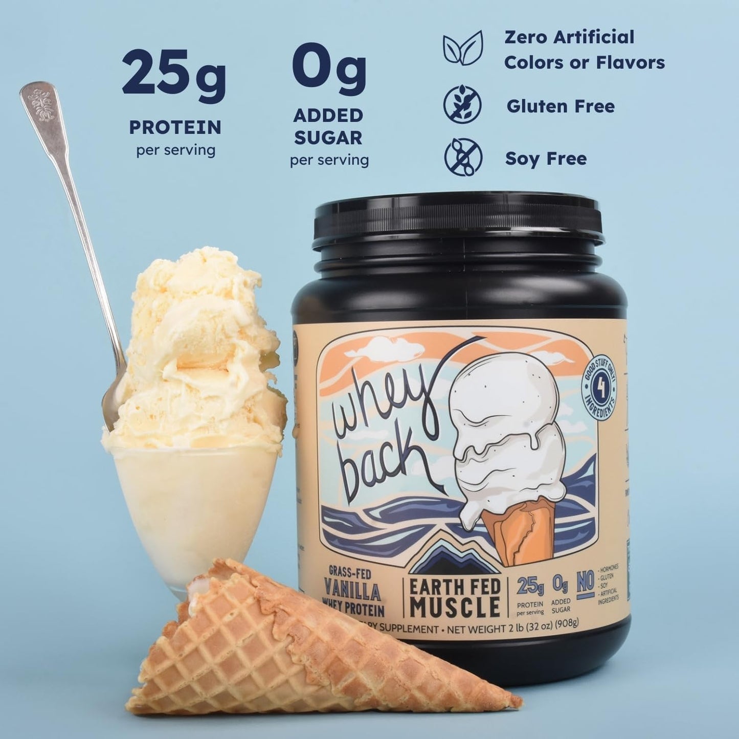 2lb Earth Fed Muscle Vanilla Grass-Fed Whey Protein - No Fillers, Flow Agents, Soy, GMOs, Hormones - Pure Whey