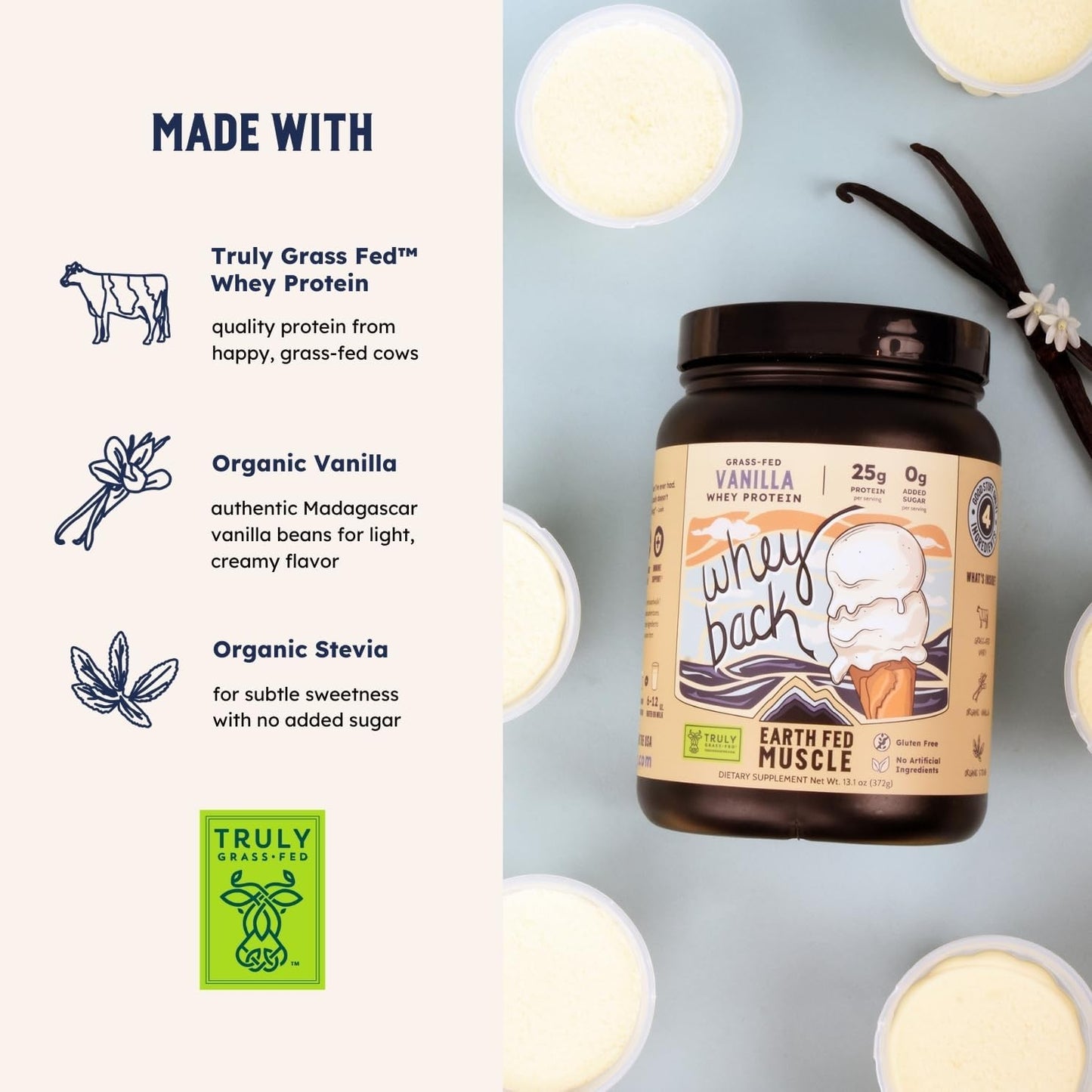 2lb Earth Fed Muscle Vanilla Grass-Fed Whey Protein - No Fillers, Flow Agents, Soy, GMOs, Hormones - Pure Whey