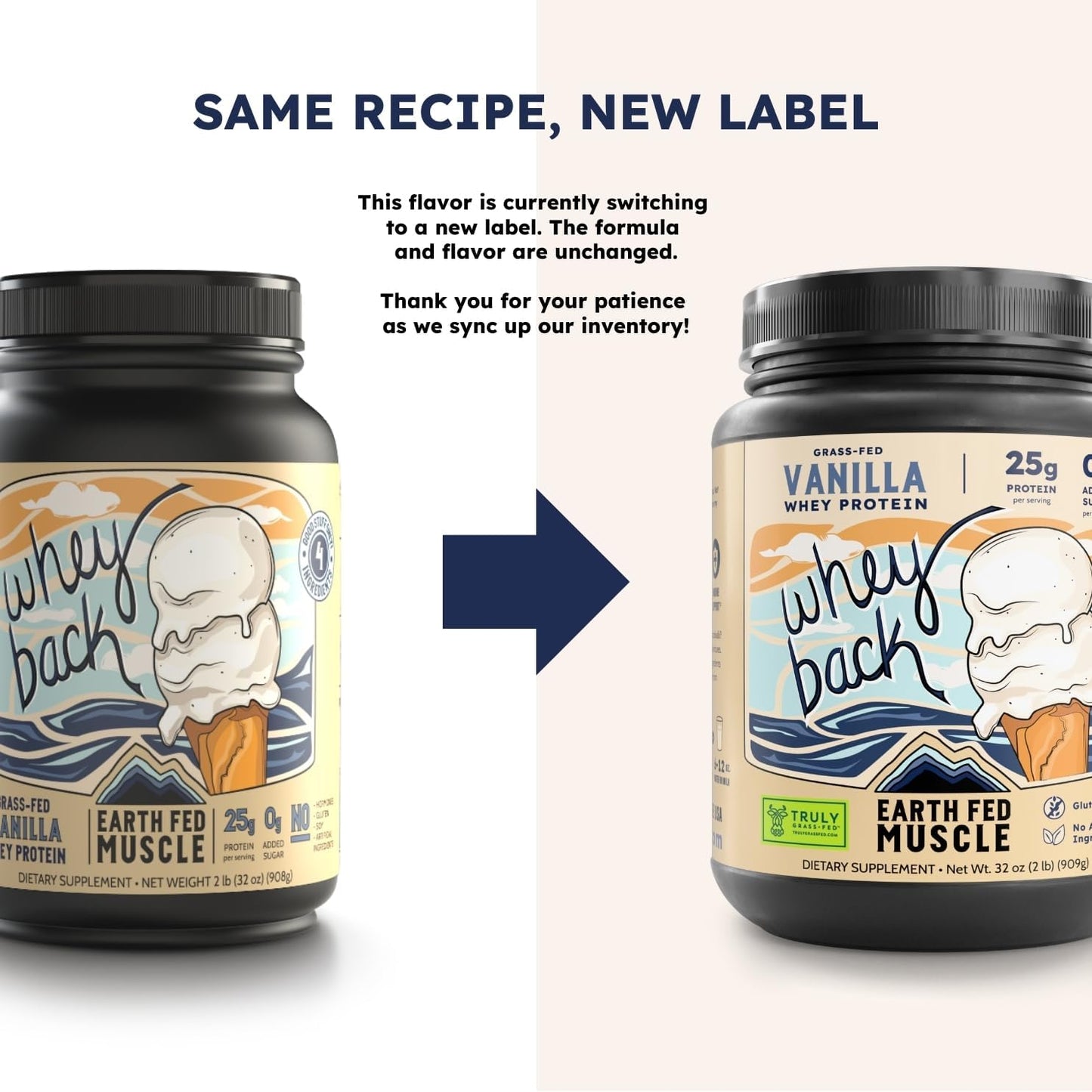2lb Earth Fed Muscle Vanilla Grass-Fed Whey Protein - No Fillers, Flow Agents, Soy, GMOs, Hormones - Pure Whey