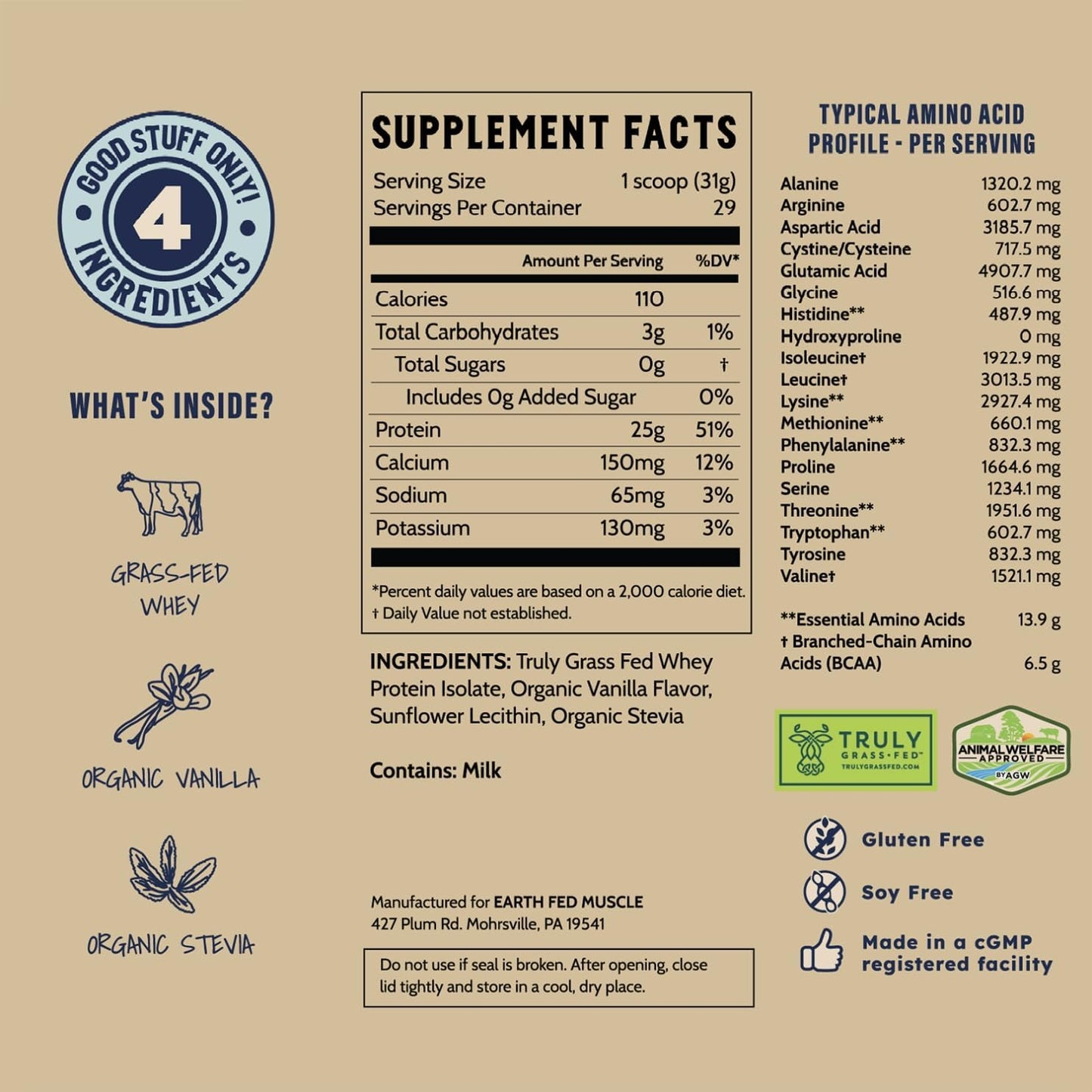 2lb Earth Fed Muscle Vanilla Grass-Fed Whey Protein - No Fillers, Flow Agents, Soy, GMOs, Hormones - Pure Whey