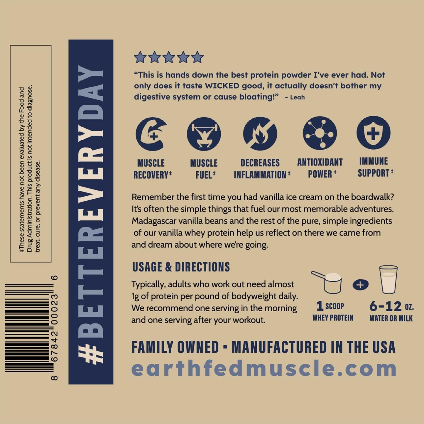 2lb Earth Fed Muscle Vanilla Grass-Fed Whey Protein - No Fillers, Flow Agents, Soy, GMOs, Hormones - Pure Whey