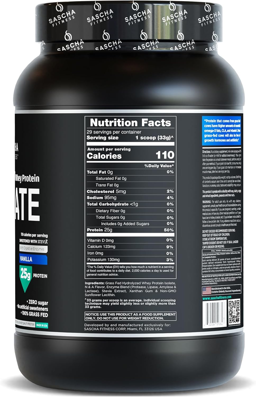 2lb Grass-Fed Vanilla Hydrolyzed Whey Protein Isolate by SASCHA FITNESS