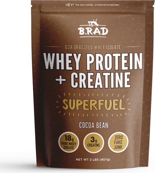 2lb Grass-Fed Whey Protein Isolate Powder with Creatine - All-Natural Cocoa Bean Flavor - Made in USA - Ultra-Pure Formula