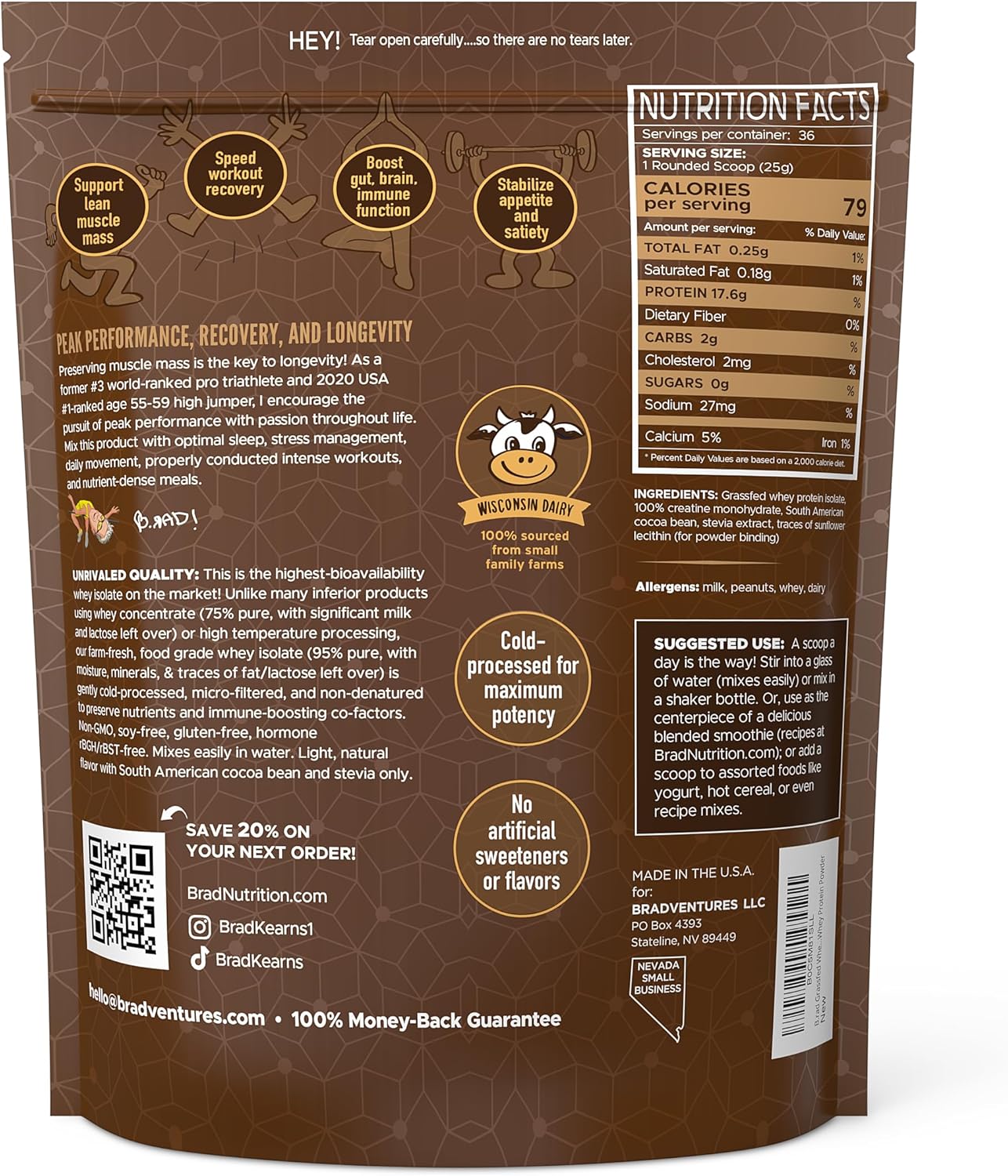 2lb Grass-Fed Whey Protein Isolate Powder with Creatine - All-Natural Cocoa Bean Flavor - Made in USA - Ultra-Pure Formula