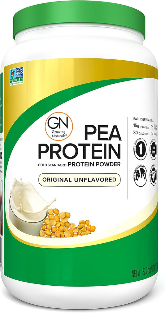 2lb Growing Naturals Raw Pea Protein Powder - Vegan, Plant-Based, BCAA, Low-Carb, Low-Sugar - Original Unflavored