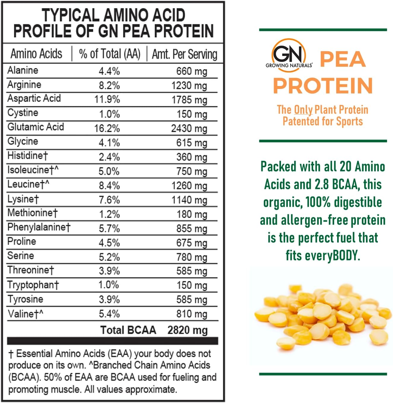 2lb Growing Naturals Raw Pea Protein Powder - Vegan, Plant-Based, BCAA, Low-Carb, Low-Sugar - Original Unflavored