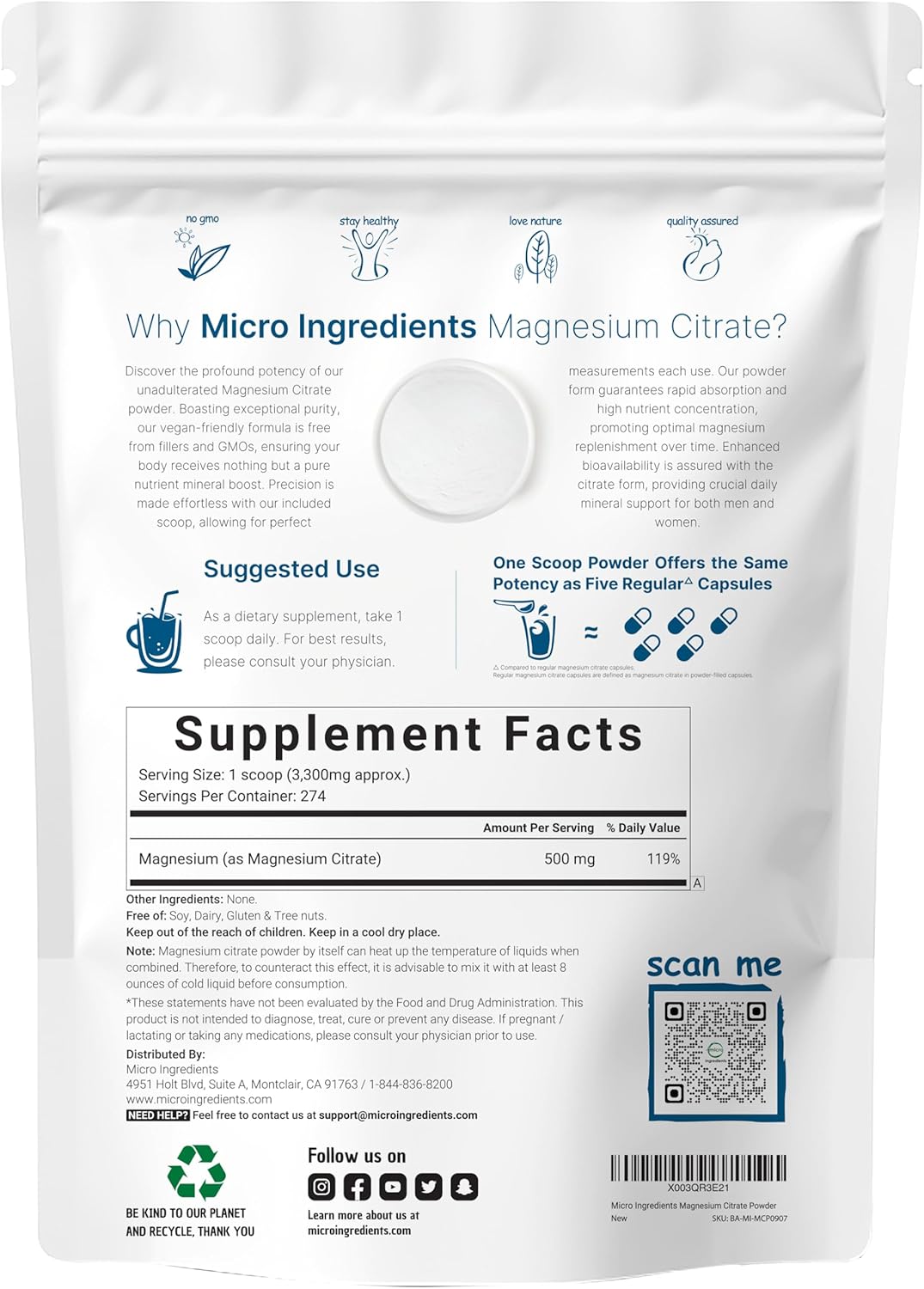 2lb Micro Ingredients Pure Magnesium Citrate Powder - Filler Free, Vegan, for Relaxation and Nutrient Absorption