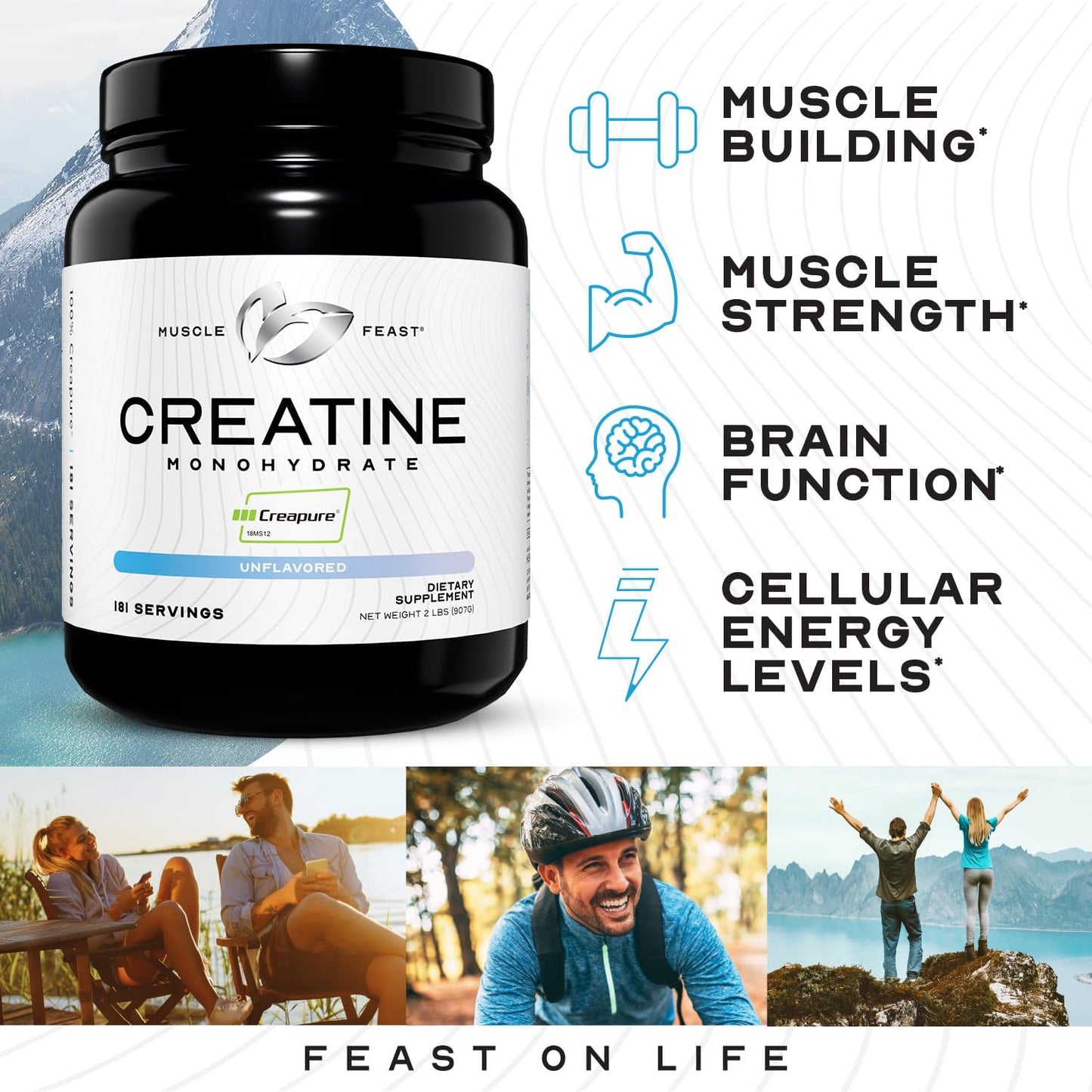 2lb Muscle Feast Creapure Creatine Monohydrate Powder - Premium Pre or Post Workout Supplement - Gluten-Free, Easy Mix, Safe & Pure