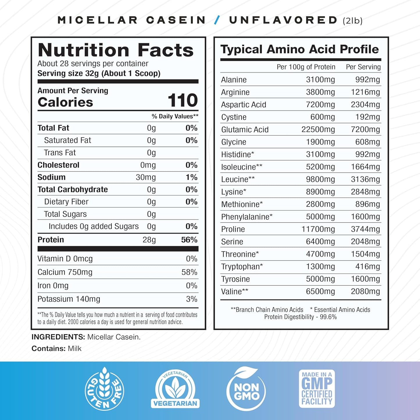 2lb Muscle Feast Micellar Casein Protein - All Natural, Pasture Raised, Hormone Free, Soy Free, Unflavored