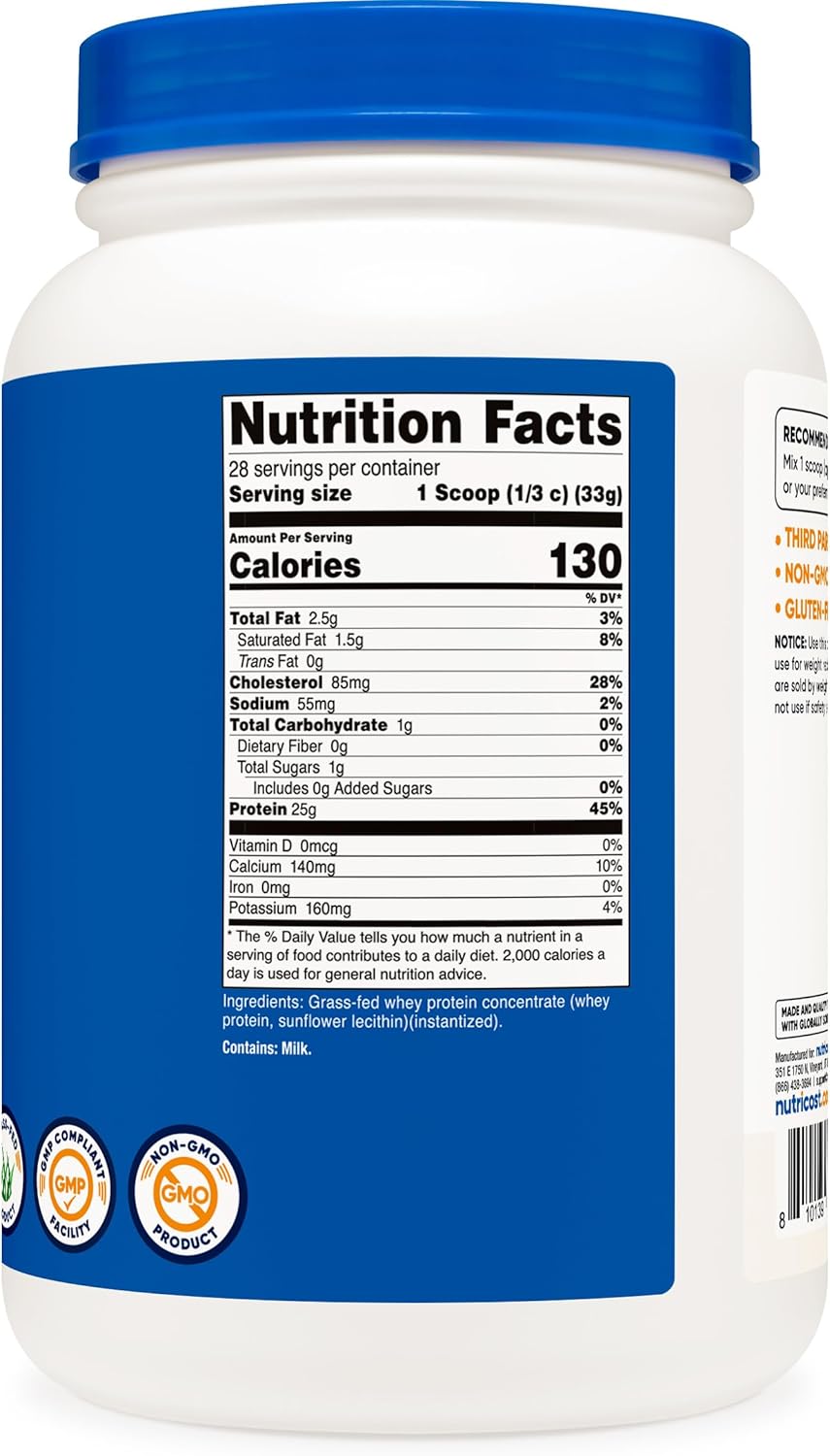 2LB Nutricost Grass-Fed Whey Protein Concentrate - Unflavored, Non-GMO, Gluten Free