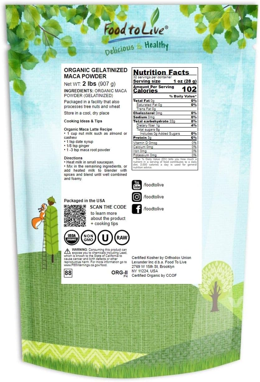 2lb Organic Gelatinized Maca Powder - Non-GMO, Kosher, Vegan - Bulk Size