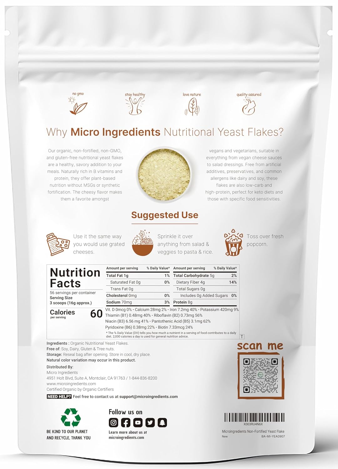 2lb Organic Non-Fortified Nutritional Yeast Flakes - Vegan Protein, B Vitamins, Beta-glucans - Keto Friendly, Dairy Free - Non-GMO, Gluten Free