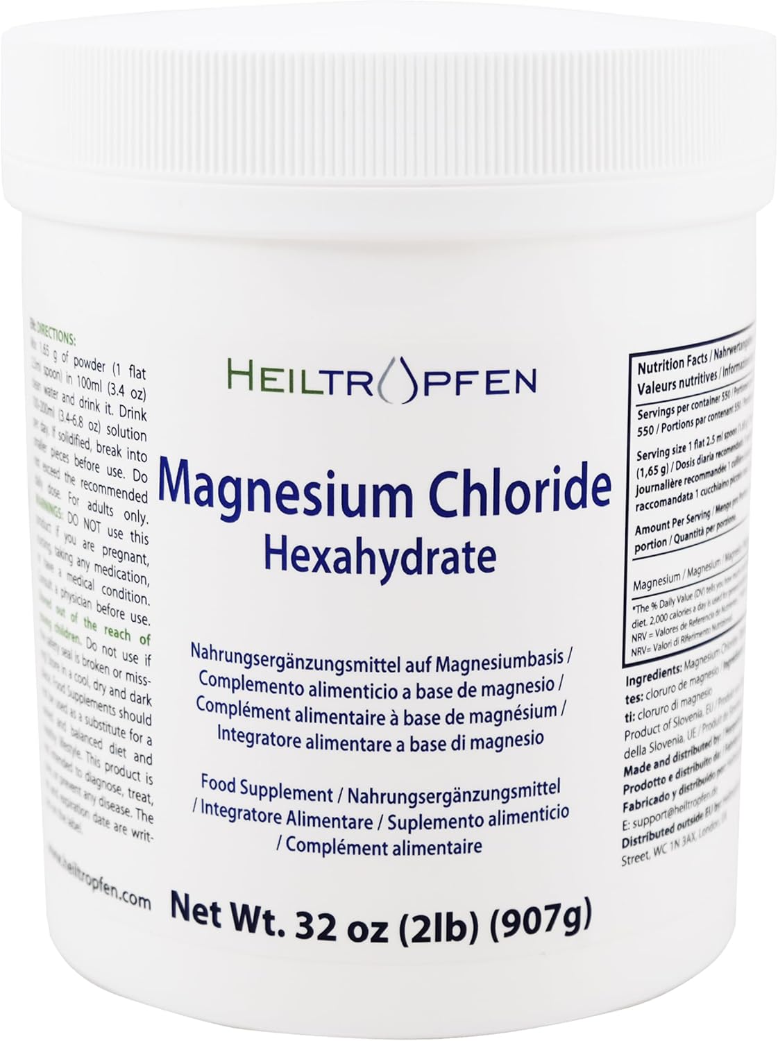 2lb Pharmaceutical Grade Magnesium Chloride Hexahydrate Crystal Powder - Pure Ph. EUR., BP, USP - Heiltropfen®