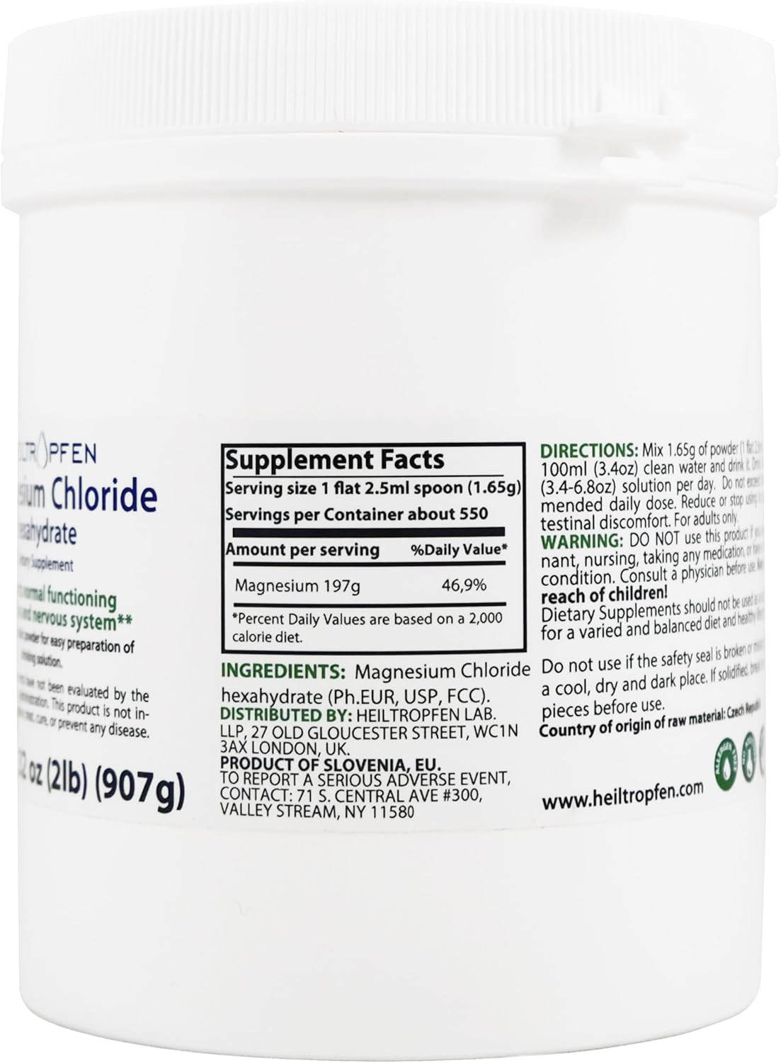 2lb Pharmaceutical Grade Magnesium Chloride Hexahydrate Crystal Powder - Pure Ph. EUR., BP, USP - Heiltropfen®