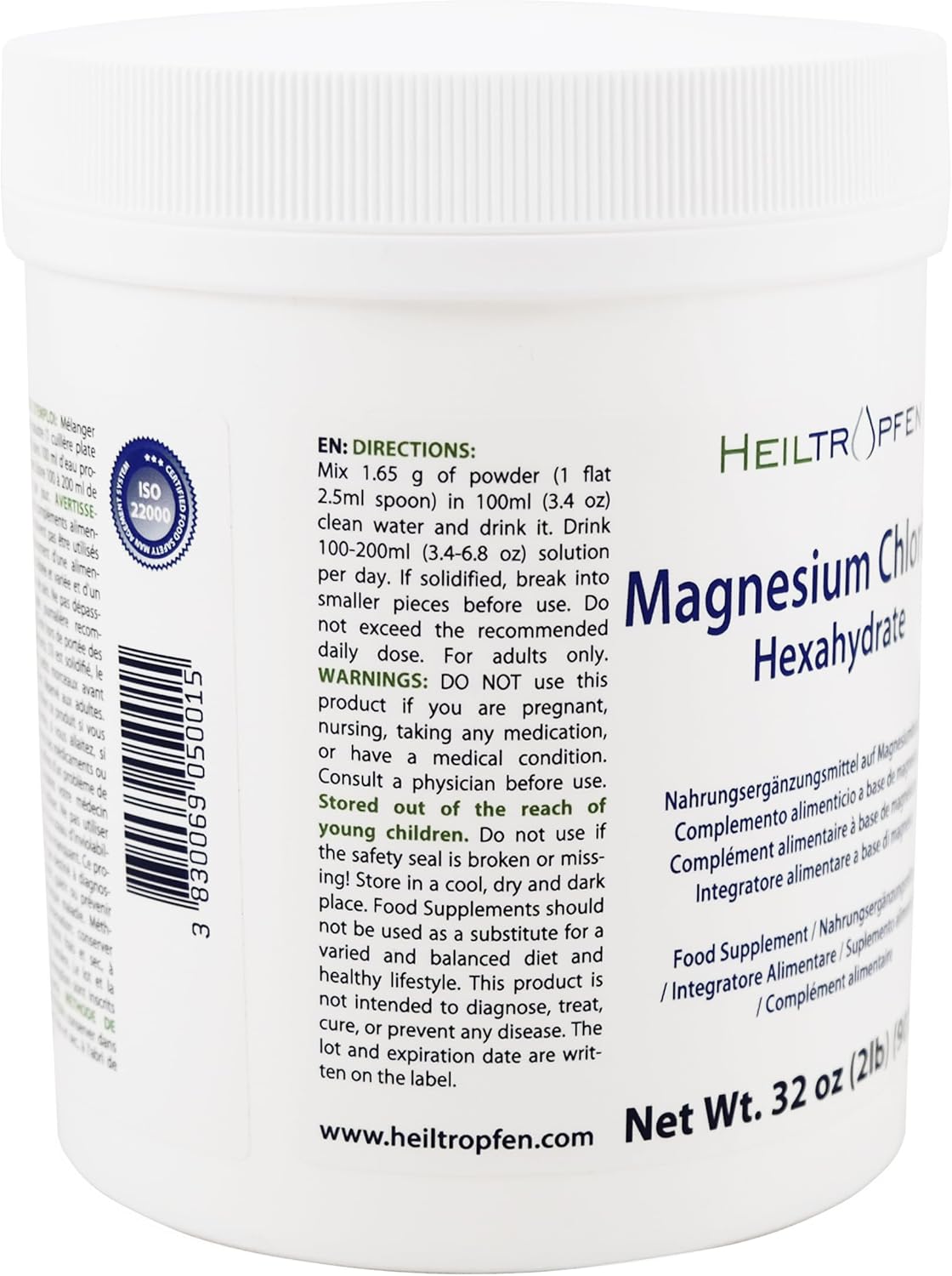 2lb Pharmaceutical Grade Magnesium Chloride Hexahydrate Crystal Powder - Pure Ph. EUR., BP, USP - Heiltropfen®