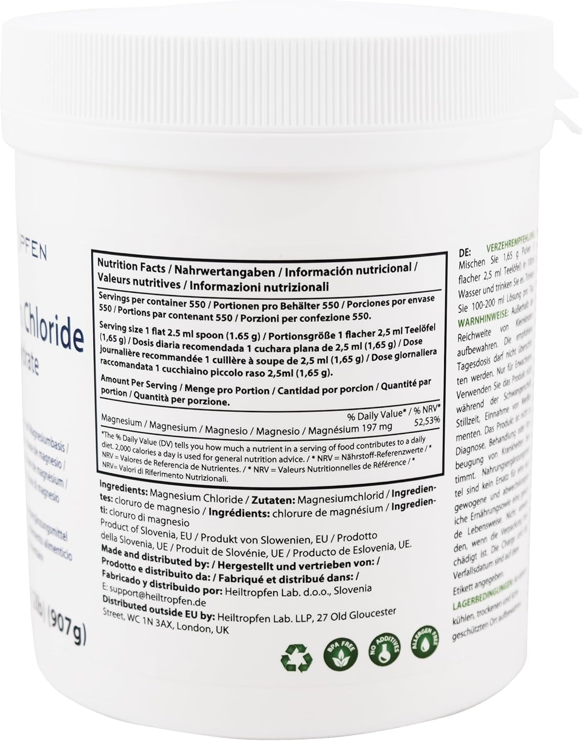 2lb Pharmaceutical Grade Magnesium Chloride Hexahydrate Crystal Powder - Pure Ph. EUR., BP, USP - Heiltropfen®