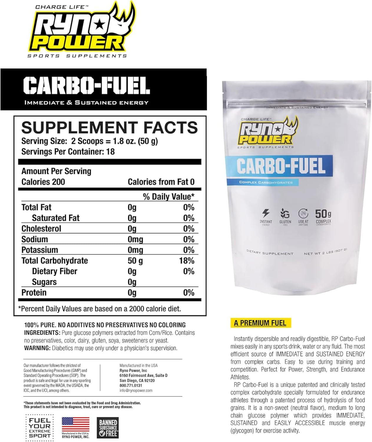 2lb Ryno Power Carbo-Fuel Drink Mix - Stimulant-Free Athletic Performance Fuel - Vegan & Gluten-Free - 20 Servings