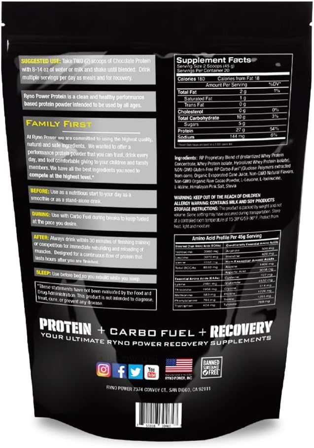 2lb Ryno Power Chocolate Whey Protein - 100% Natural Blend, Non GMO, No Fillers (20 Servings)
